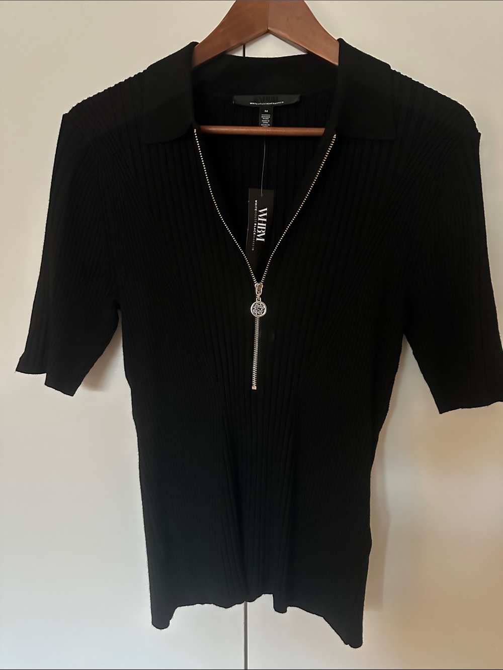 White House Black Market Black Ribbed Short-Sleeve Zip Polo